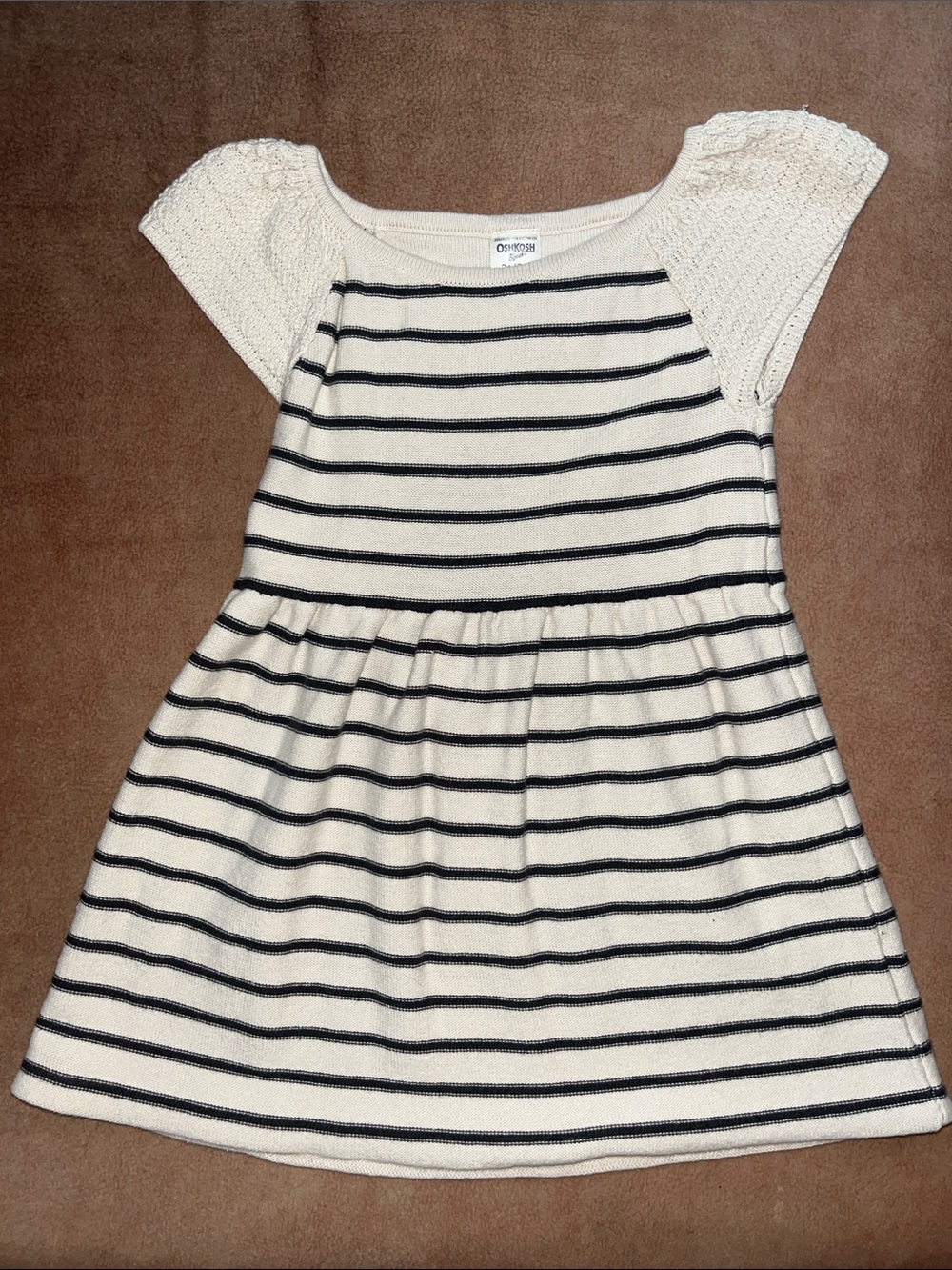 OshKosh B'gosh Cream and Dark Navy Striped Knit Dress with Cap Sleeves